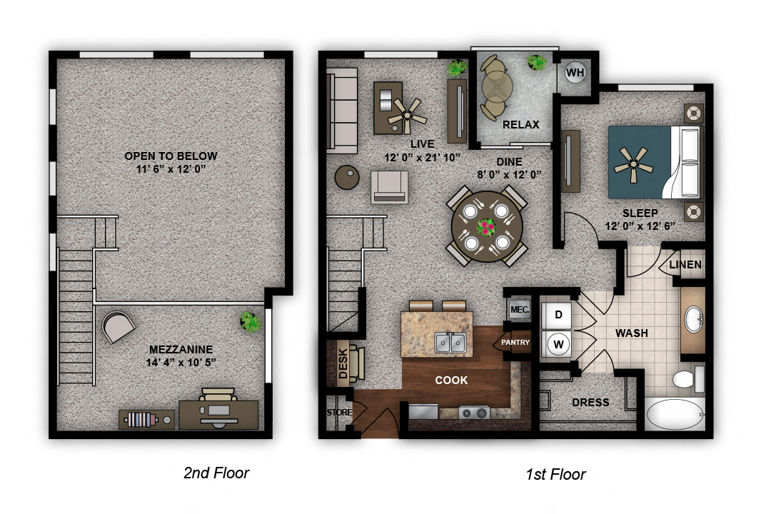 Floor plan for 1 bed, 1 bath, 1082 sqft